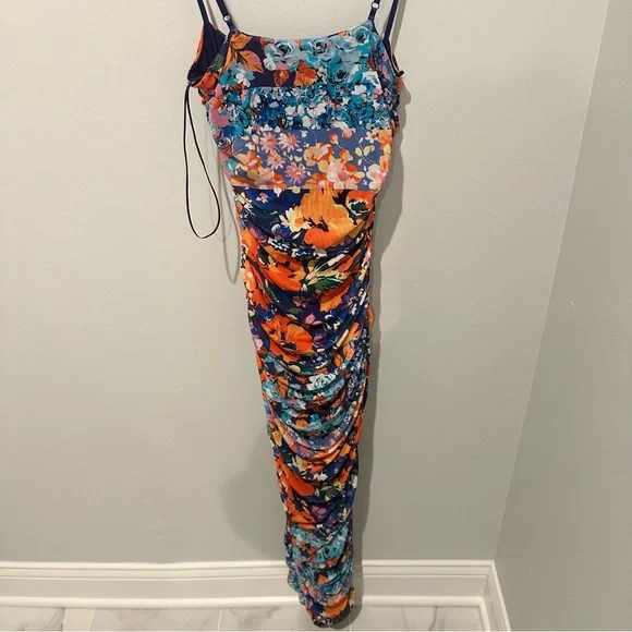 NWOT AFRM Floral Printed Ruched Mesh midi Dress - size Small - Picture 2 of 4